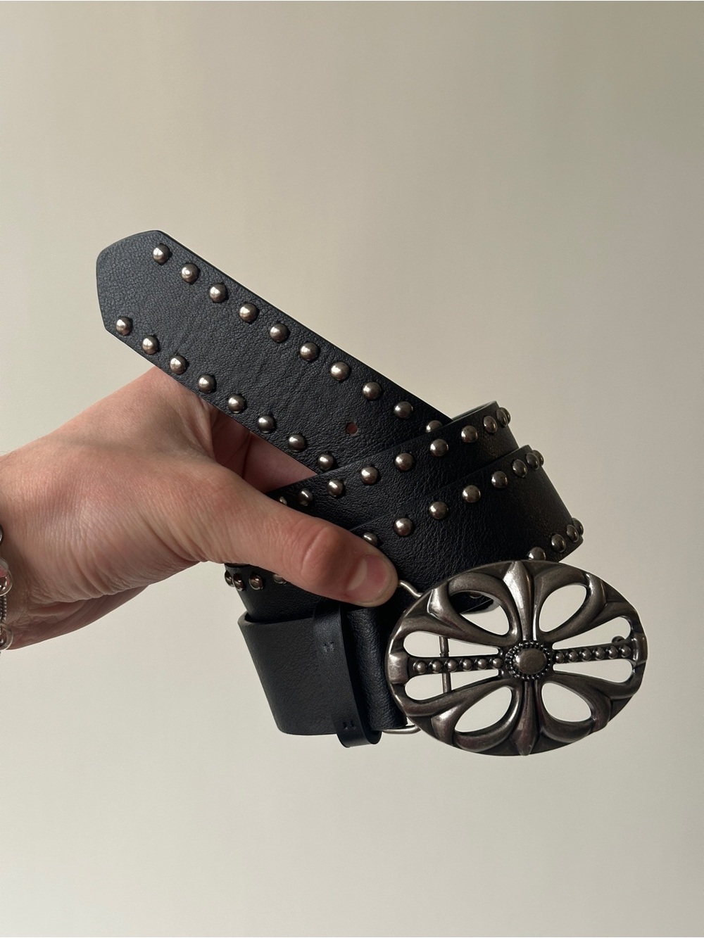 Black Studded Leather Men's Belt with Decorative Silver Buckle